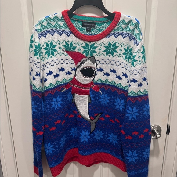 Blizzard Bay Men's Festive Shark Crewneck Sweater - Red, Green, Blue - Picture 1 of 4